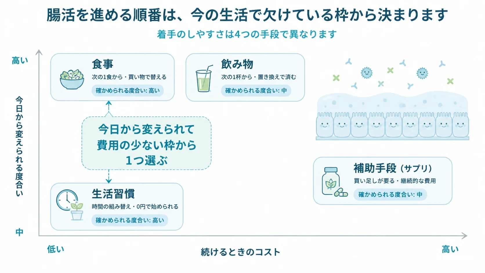 食事・飲み物・生活習慣・サプリを変えやすさと続ける費用の2軸に配置した腸活の手段マップ