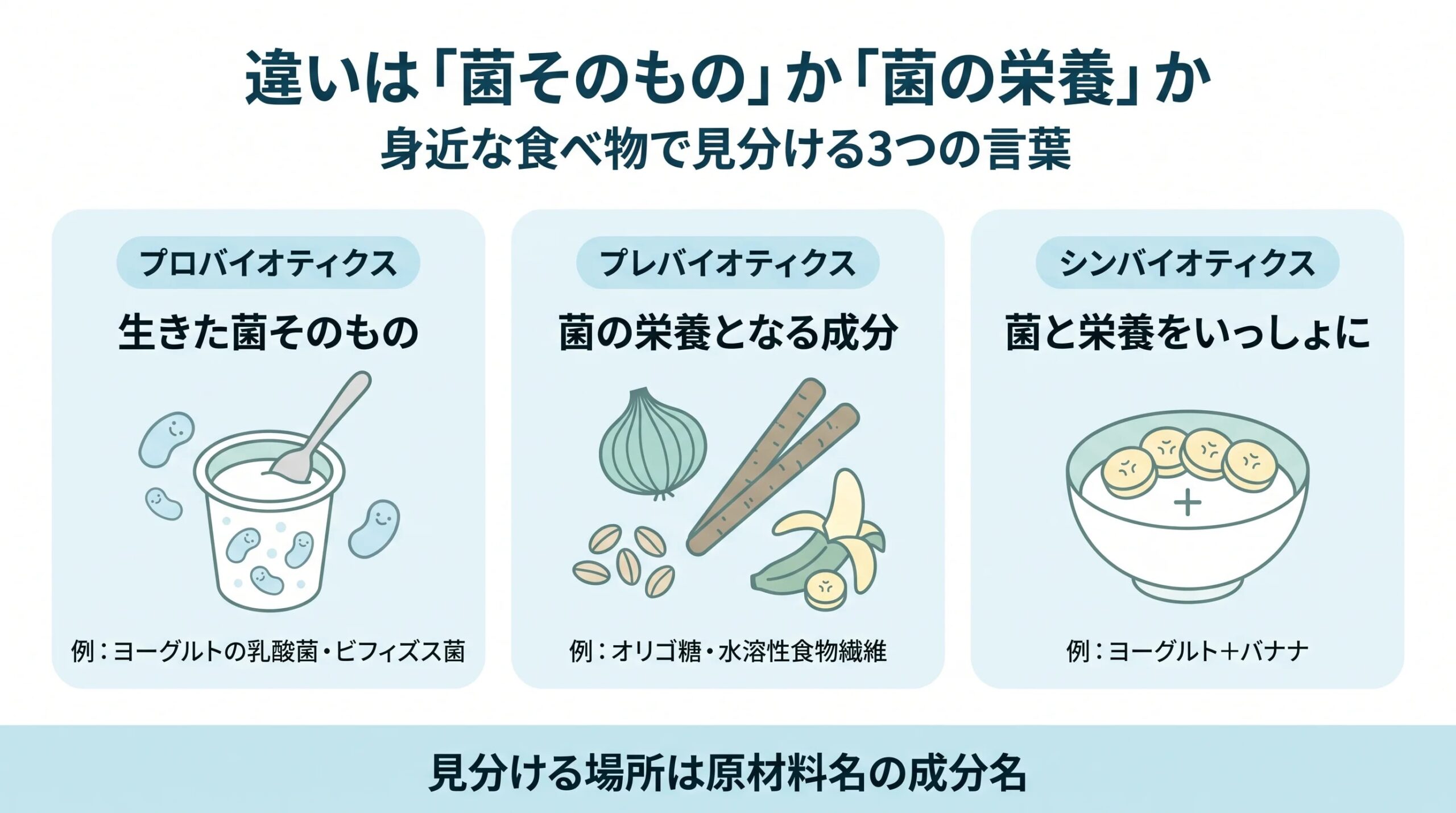 プロバイオティクス・プレバイオティクス・シンバイオティクスの違いを、ヨーグルト・玉ねぎ・ごぼう・大麦・バナナなど身近な食べ物で整理した図解