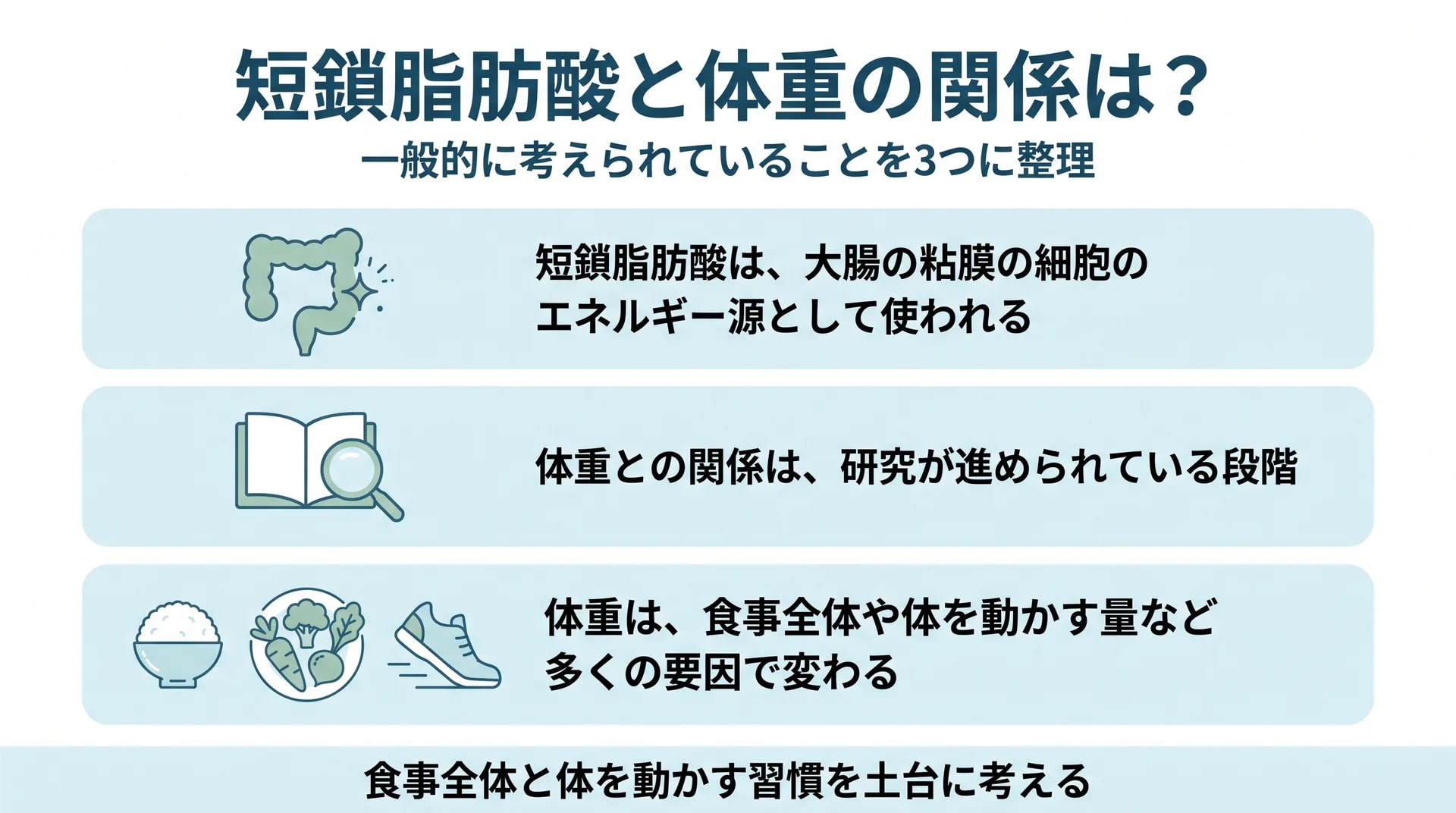 短鎖脂肪酸の働き・体重との関係・体重が変わる要因の3つについて、一般的に考えられていることを整理した図